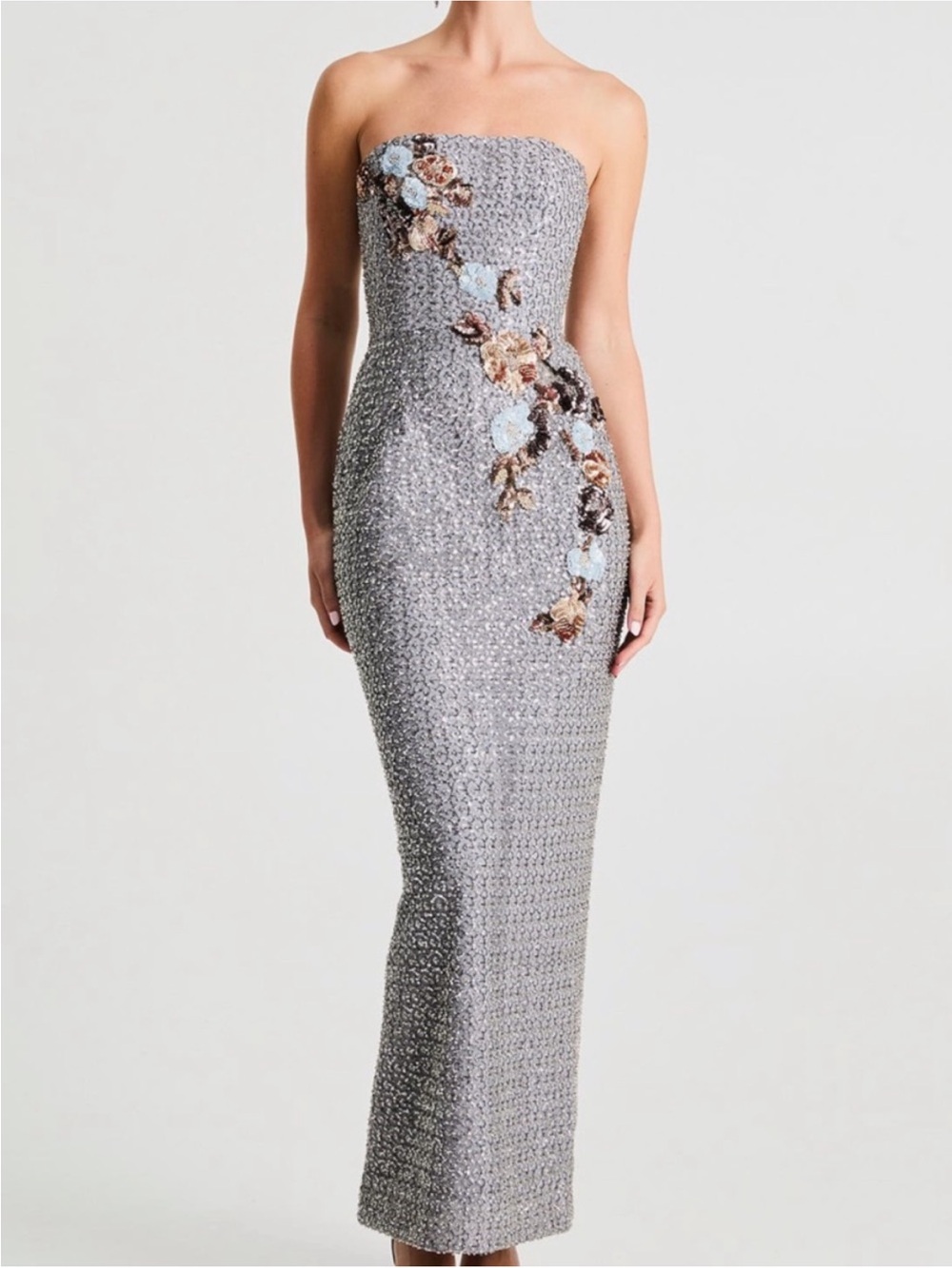 Silver Strapless Sequin Gown with Floral Appliqué Helsi Silvia NWT
